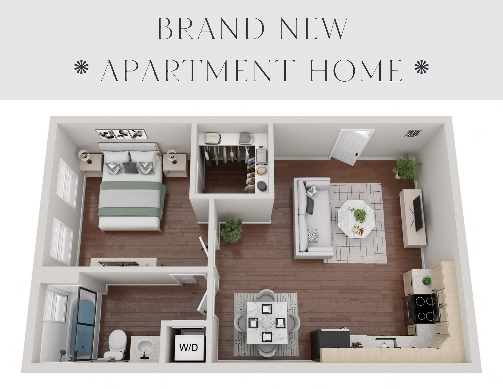 Floor plan for 1 bed, 1 bath, 657 sqft